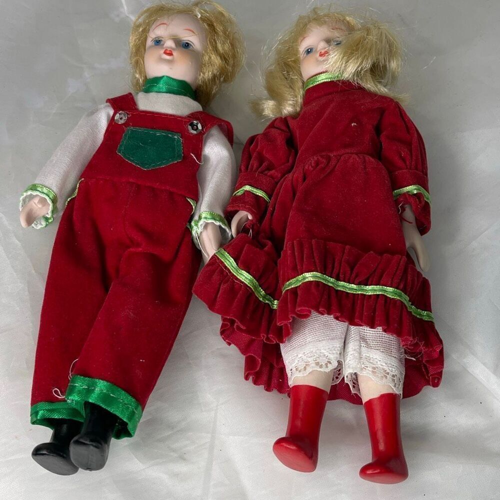 Set of 2 Vintage Christmas dolls small porcelain soft bodies